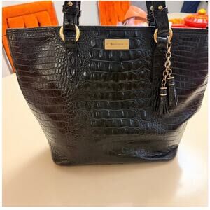 Brahmin Black Croc Embossed Leather Tote Bag Shoulder Purse Large Carryall